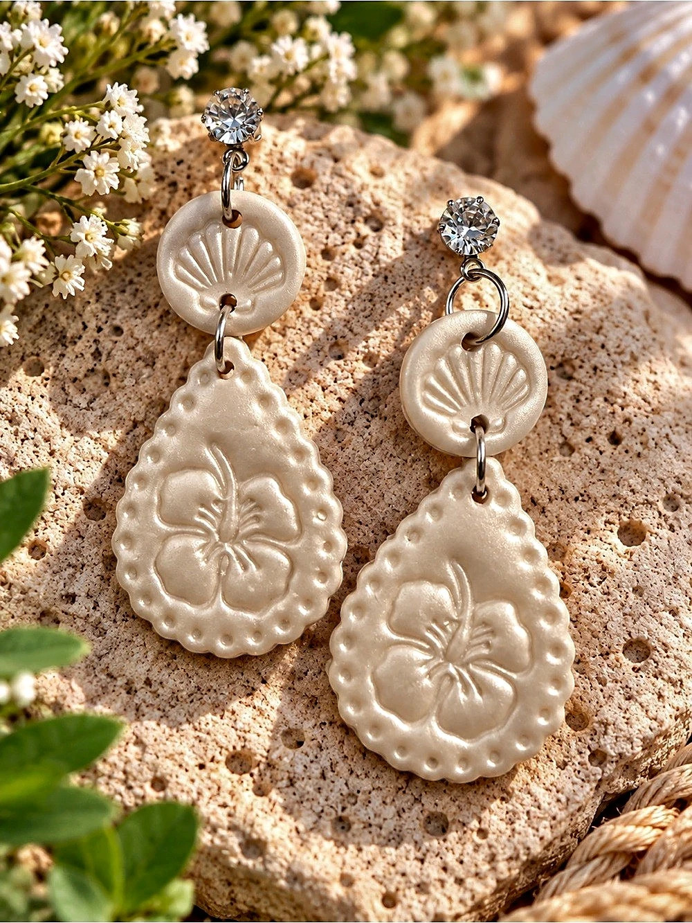 Floral Dangle Earrings in White & Silver